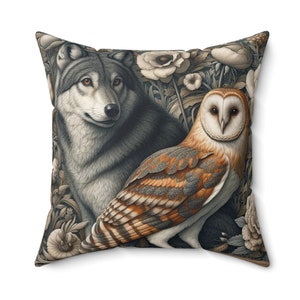 Wolf and Owl Pillow William Morris Inspired Barn Owl & Wolf Throw Pillow Rustic Home Decor Spiritual Animals Vintage Gift INSERT INCLUDED