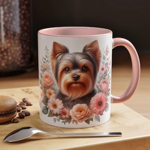 Yorkshire Terrier Accent Coffee Mug Pink or Black Color Inside Cute Yorkie and Flowers Mug Floral Puppy Cup Dog Lover Gift Mug 11 or 15 oz