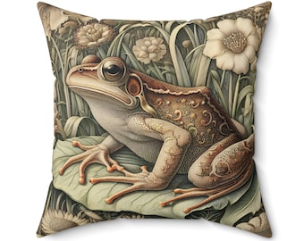 Frog on the Leaf Pillow William Morris Inspired Cottagecore Design Cushion Forest Frog Throw Pillow Vintage Home Decor Gift INSERT INCLUDED