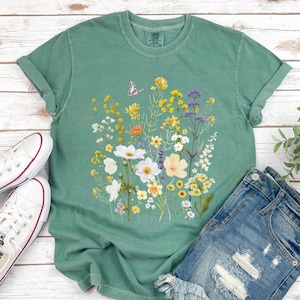 Yellow Wildflowers T-Shirt Floral Cottagecore Shirt Comfort Colors TShirt Flowers and Butterfly Shirt Boho Floral Tee Shirt Gift for Her