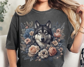 Grey Wolf T-Shirt Cottagecore Floral Shirt Comfort Colors Vintage Wolf and Flowers Shirt Animal Tshirt Unisex Tee Wolf Lover Gift