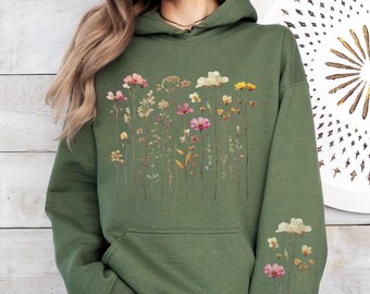 Pressed Flowers Hoodie Wildflowers Hooded Sweatshirt Printed Sleeves Floral Hoodie Cottagecore Sweater Boho Flowers Hooded Pullover for Her