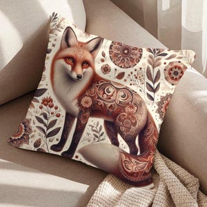Floral Fox Woven Pillow Scandinavian Style Home Decor Cotton Blend Cushion Minimalist Folk Art Fox and Flowers Tapestry Throw Pillow Gift