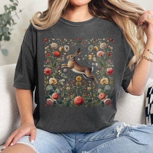 Floral Rabbit T-Shirt Vintage Style Cottagecore Shirt Comfort Colors Flowers and Bunny Shirt Cute Hare Tshirt Easter Rabbit T-shirt Gift