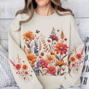 Fall Flowers Sweatshirt Boho Cottagecore Floral Sweater Printed Sleeves Botanical Sweatshirt Autumn Floral Pullover Flowers Lover Gift