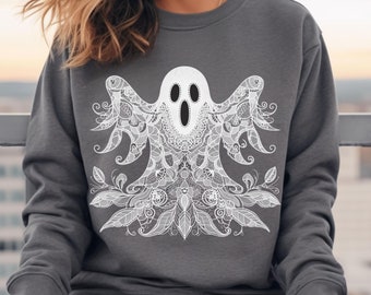 Sudadera de fantasma de encaje blanco Camisa de fantasma de Halloween Sudadera de cuello redondo Heavy Blend™ Suéter Scream Ghost Tee Spooky Ghost Regalo de Halloween