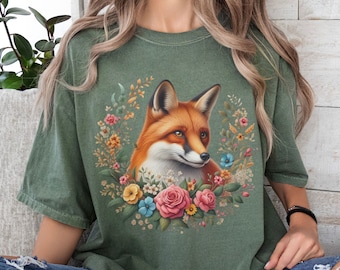 Flower Fox T-shirt Cottagecore bloemen shirt comfort kleuren vintage shirt vos en bloemen bos vos tshirt schattig vos T-shirt vos minnaar cadeau