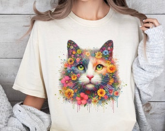Floral Cat Shirt Watercolor Cat T-Shirt Comfort Colors Garment Dyed Flower Cat Shirt Cat Mom Tee Shirt Cat Painting Tee Cat Lover Gift