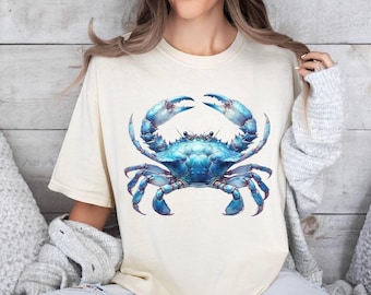 Watercolor Crab T-Shirt Blue Crab Shirt Comfort Colors Boho Beach Shirt Summer Ocean Shirt Sea Creature Art T-shirt Beach Lover Gift
