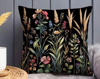 Dark Botanical Pillow Wildflowers Throw Cushion Cottagecore Pillow Vintage Style Floral Pillow Moody Flowers Home Decor Gift INSERT INCLUDED