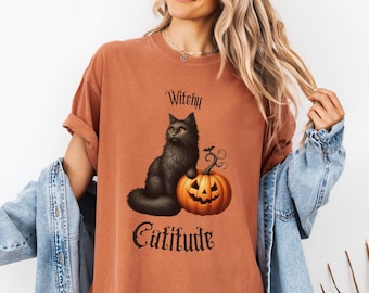 Black Cat Halloween Shirt Witchy Catitude T-shirt Vintage Halloween Cat and Pumpkin Top Comfort Colors Tee Goth Cat Shirt Spooky Season Gift