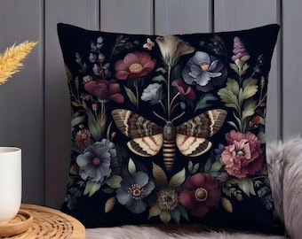 Floral Moth Pillow Dark Cottagecore Throw Cushion Flower Pillow Vintage Style Botanical Pillow Moody Flowers Home Decor Gift INSERT INCLUDED