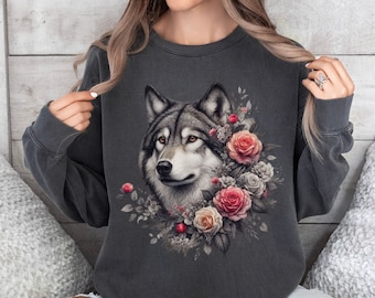 Floral Wolf Sweatshirt - Boho Fantasy Wolf Shirt, Comfort Colors Garment-Dyed Pullover, Cottagecore  Wolf & Roses Sweater, Wolves Lover Top