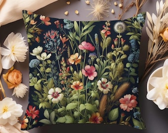 Dark Botanical Pillow Wildflowers Throw Cushion Cottagecore Pillow Vintage Style Floral Pillow Moody Flowers Home Decor Gift INSERT INCLUDED