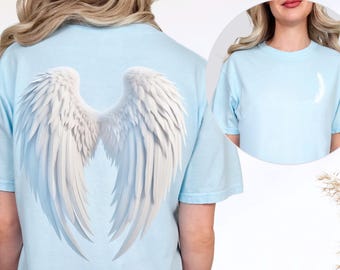 Camiseta de alas de ángel, camiseta blanca con alas, colores cómodos, estampado frontal y trasero, parte superior alada, camiseta ligera de plumas de Academia, camiseta de ángel, regalo para ella