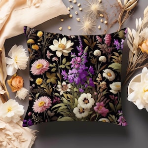 Wildflowers Pillow  Dark Cottagecore Throw Cushion Moody Floral Throw Pillow Vintage Style Botanical Home Decor Gift INSERT INCLUDED