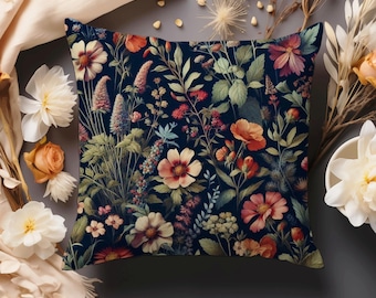 Dark Botanical Pillow Wildflowers Throw Cushion Cottagecore Pillow Vintage Style Floral Pillow Moody Flowers Home Decor Gift INSERT INCLUDED