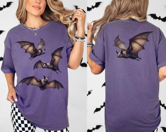 Flying Bats Shirt Halloween Bat T-shirt Spooky Season Shirt Front and Back Print Tshirt Unisex Comfort Colors Shirt Halloween Party Gift Tee