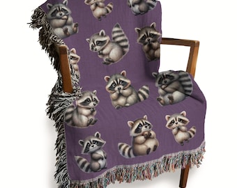 Cute Raccoons Woven Blanket 100% Cotton Tapestry Baby Racoon Woven Throw Funny Feral Raccoons Blanket Raccoon Lover Gift Blanket