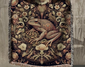 Enchanted Frog Woven Blanket - William Morris Inspired 100% Cotton Throw, Vintage Cottagecore Decor, Frog Art Wall Tapestry  Gift