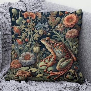 Forest Frog Pillow William Morris Inspired Frog and Wildflowers Cottagecore Throw Cushion Vintage Floral Home Decor Gift INSERT INCLUDED