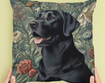 Black Labrador Pillow William Morris Inspired Cushion Dog Art Throw Pillow Retro Floral Cottagecore Botanical Home Dog Gift INSERT INCLUDED