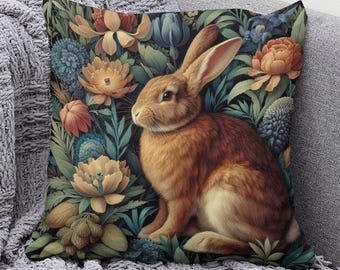 Brown Rabbit Pillow William Morris Inspired Cushion Cute Bunny Throw Pillow Retro Floral Cottagecore Home Decor Gift INSERT INCLUDED