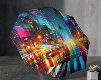 Paraguas Neon Cityscape - Paraguas de lluvia plegable y compacto, diseño moderno de arte urbano, ideal para viajes.