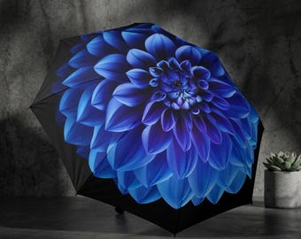 Paraguas con forma de flor de dalia azul - Paraguas plegable compacto con diseño floral, sombrilla de viaje grande con forma de flor, regalo para ella.
