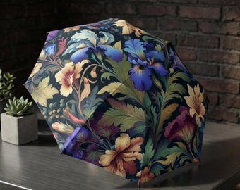 Vintage Irises Umbrella - Floral Compact Foldable Rain Umbrella, Wildflower Pattern Travel Parasol Gift for Her