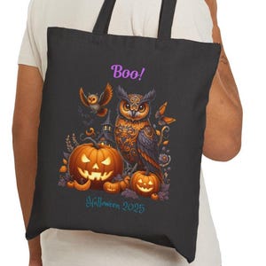 Halloween Owl and Pumpkin Bag Trick or Treat Bag Boo Owl Bag Cotton Tote Candy Bag Witchy Owls Bag Spooky Season Owls Gift Kids Library Bag