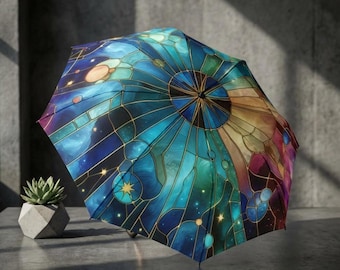 Stained Glass Pattern Umbrella  - Compact Foldable Rain Umbrella, Celestial Art Travel Parasol Gift