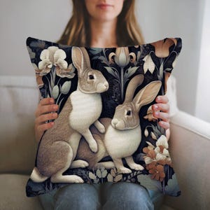 Rabbits in the Garden Woven Pillow Morris Inspired Cottagecore Floral Bunnies Decor Cotton Blend Cushion Easter Bunny Art Rabbit Lover Gift