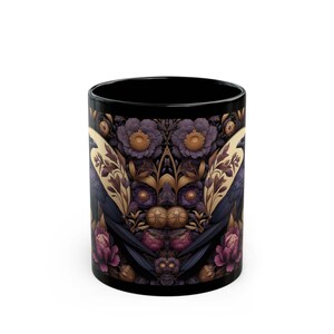 Floral Raven Black Coffee Mug - William Morris Inspired Goth Crow Art Mug, Dark Academia Bird Kitchen Decor image 3