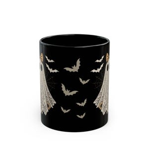 Cute Lace Ghost Coffee Mug - Vintage Halloween Bats Mug, Coquette Bow Ghost Teacup, Spooky Girly Black Mug Gift image 4