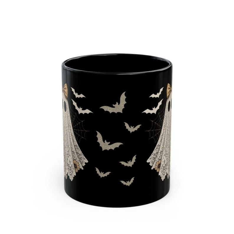 Cute Lace Ghost Coffee Mug - Vintage Halloween Bats Mug, Coquette Bow Ghost Teacup, Spooky Girly Black Mug Gift image 4