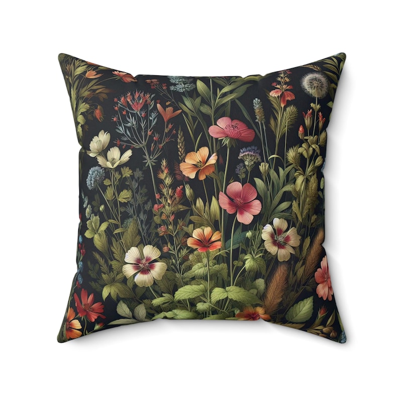 Coussin botanique foncé Fleurs sauvages Coussin Cottagecore Coussin vintage Style floral Fleurs maussades Décoration d'intérieur Cadeau INSERT INCLUS image 2