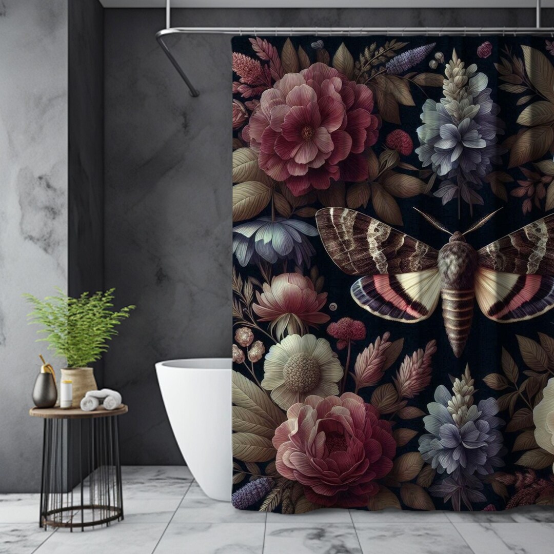 Dark Floral Moth Shower Curtain Dark Cottagecore Bathroom Decor Black Botanical Bath Curtain ...