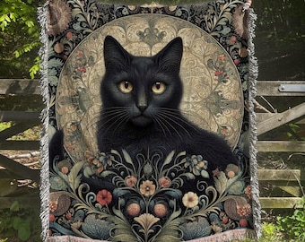 Zwarte kat geweven deken William Morris geïnspireerd 100% katoen mystieke kat geweven plaid bloemen Cottagecore Witchy Cat wandtapijt kat cadeau