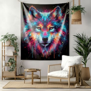 Neon Wolf Indoor Wall Tapestry Colorful Wolf Artwork Spiritual Animal Wall Art Fantasy Wolf Modern Painting Tapestry Wolf Lover Gift