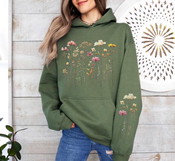 Gepresste Blumen Hoodie Wildblumen Kapuzen-Sweatshirt Gedruckte