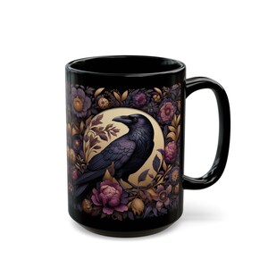 Floral Raven Black Coffee Mug - William Morris Inspired Goth Crow Art Mug, Dark Academia Bird Kitchen Decor image 13