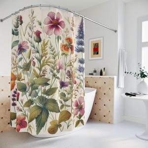 Herbs and Wildflowers Shower Curtain Retro Floral Bathroom Decor Cottagecore Shower Curtain Vintage Style Botanical Art Housewarming Gift