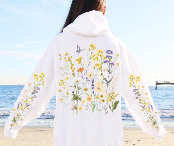 Wildflowers Hoodie Floral Hooded Sweatshirt Printed Sleeves