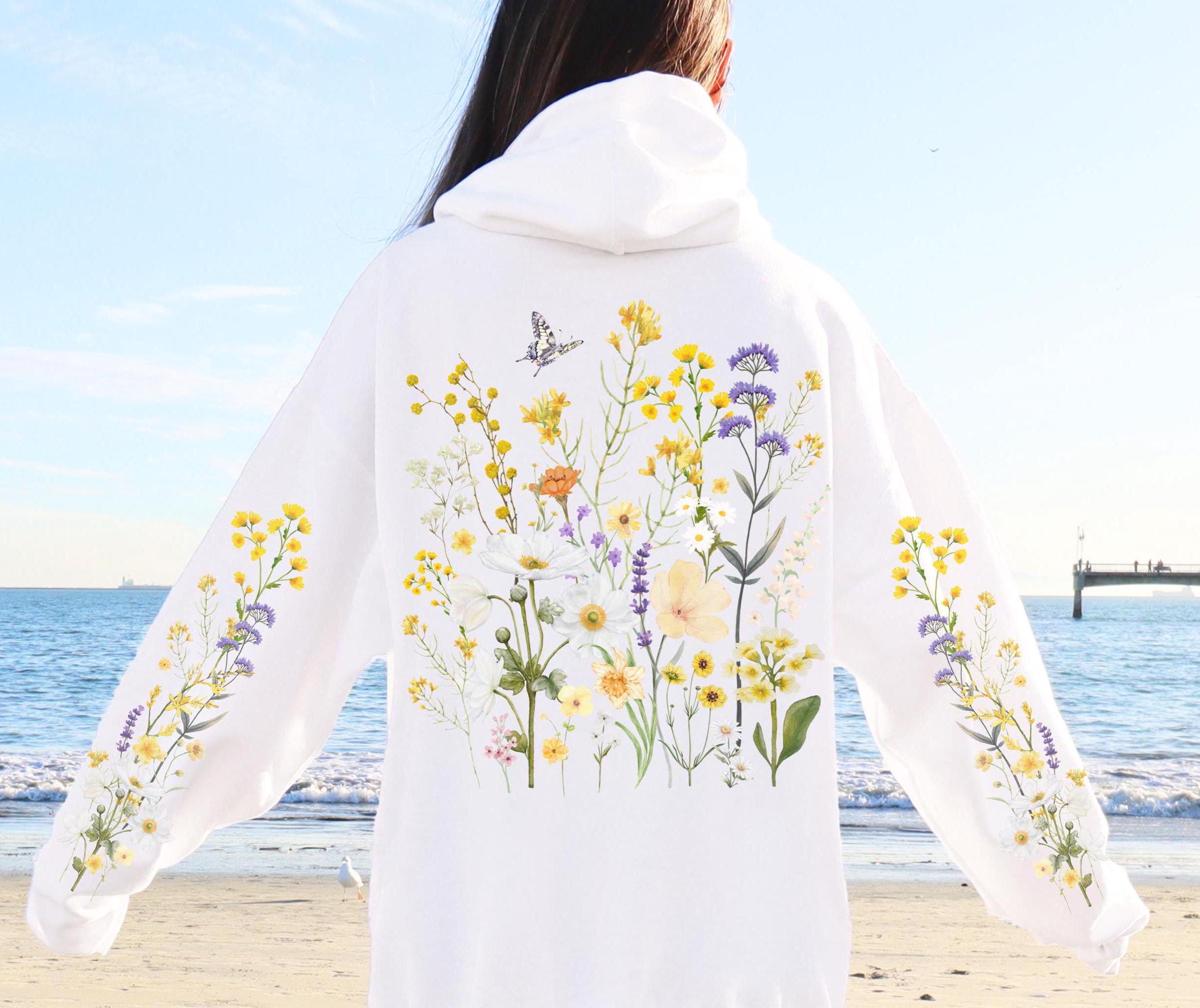 Wildflowers Hoodie Floral Hooded Sweatshirt Printed Sleeves