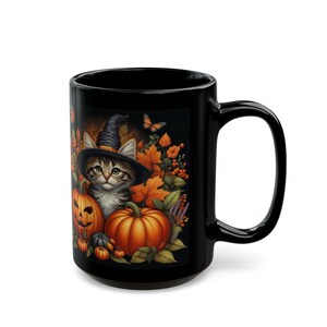 Cute Halloween Mug Kitten and Pumpkin Black Coffee Mug Halloween Cat Mug Gift For Her Him Fall Cottagecore Teacup Witchy Cat Ceramic Mug image 9