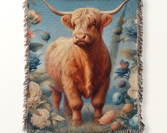 Highland Cow Woven Blanket 100% Cotton Rug Scottish Cow and Flowers Blanket Cottagecore Woven Throw Vintage Botanical Cow Wall Tapestry Gift