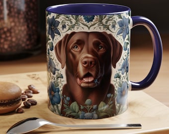 Chocolate Labrador Accent Coffee Mug William Morris Inspired Lab Dog Art Mug Navy Color Inside Dog and Blue Florals Teacup Dog Lover Gift