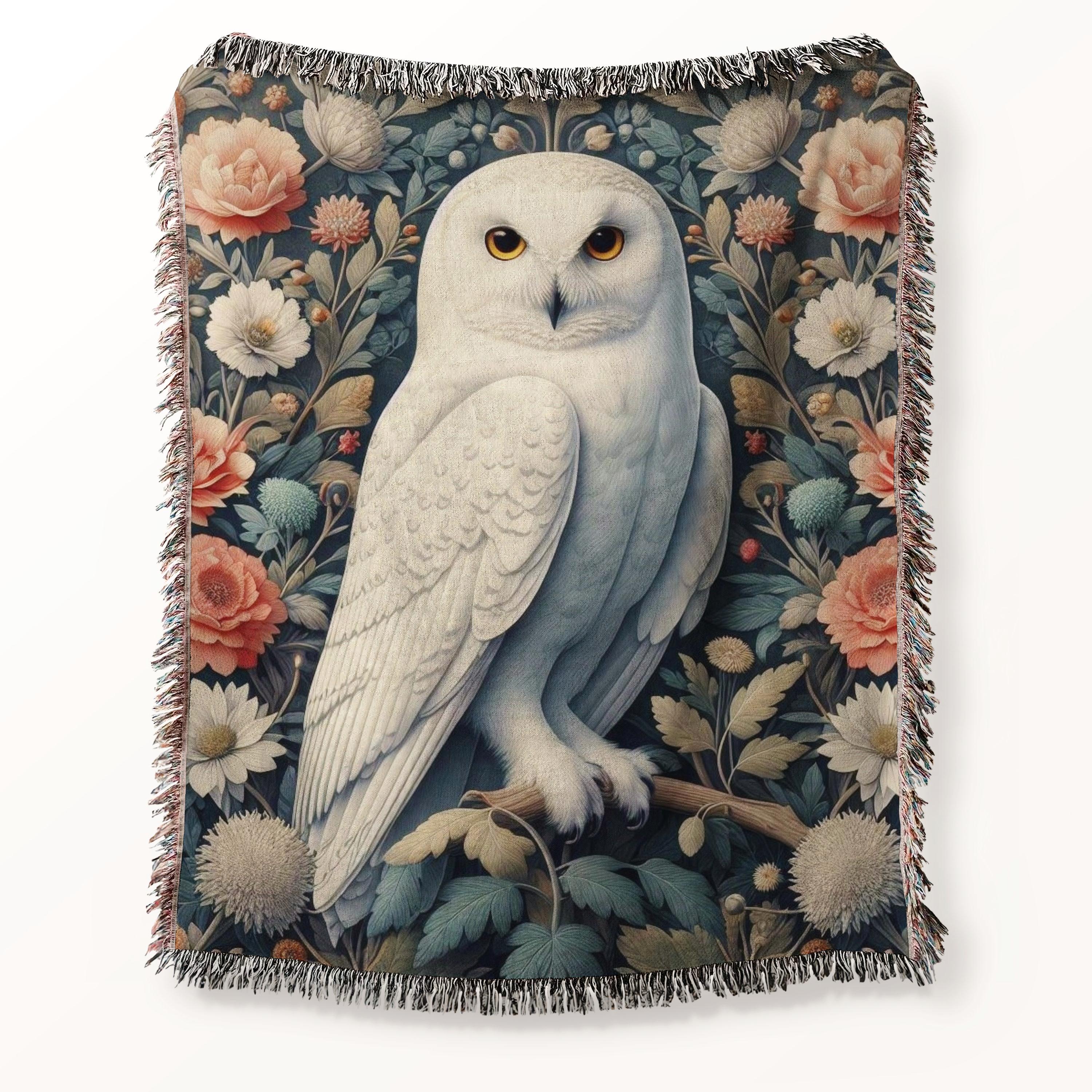 White Owl Woven Blanket William Morris Inspired 100% Cotton Rug Vintage Owl Woven Throw Cottagecore 