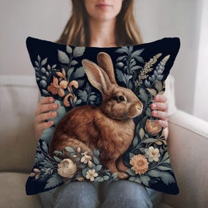 Brown Rabbit Woven Pillow Morris Inspired Cottagecore Floral Bunny Home Decor Cotton Blend Cushion Easter Bunny Decor Rabbit Lover Gift